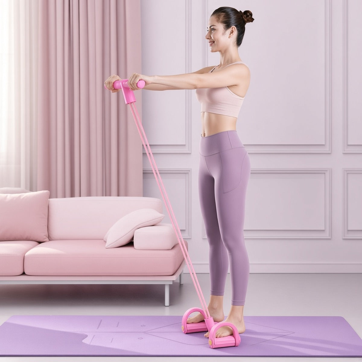 Yoga Core Trainer — Corda Elástica com Pedal para Abdominais e Resistência – lifestyle exercício de braços numa sala rosa