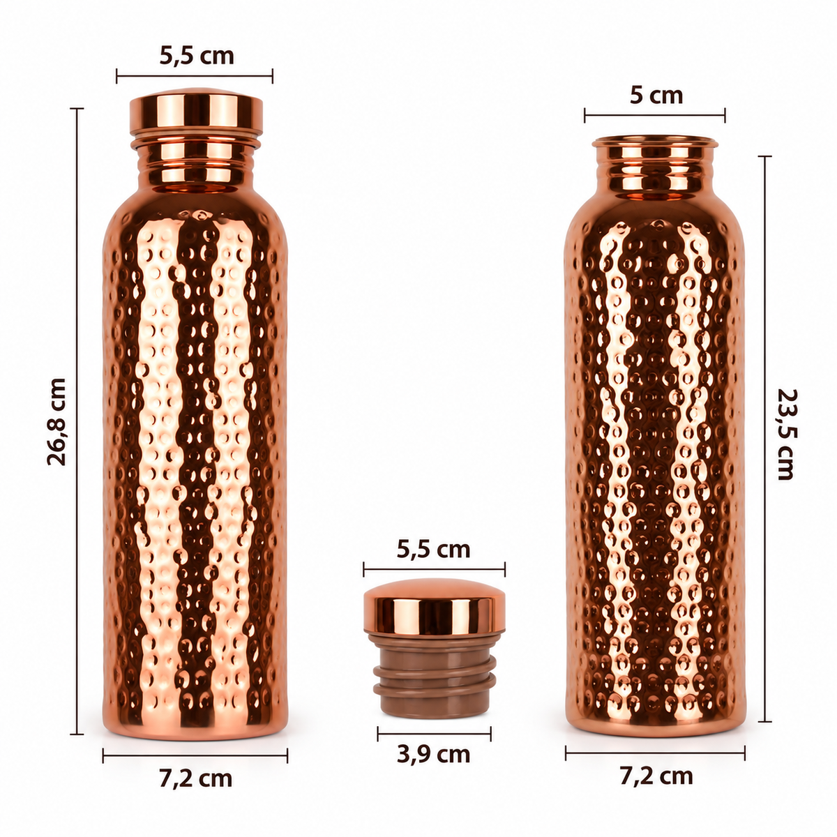Tamra Flow – dimensões em centímetros: 26,8 cm de altura com tampa, 23,5 cm sem tampa e 7,2 cm de largura da base